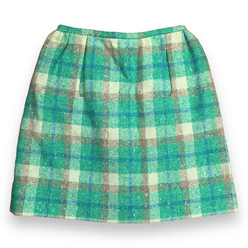 Vintage 60s 70s Villager women's green plaid wool tweed mini skirt Extra Small